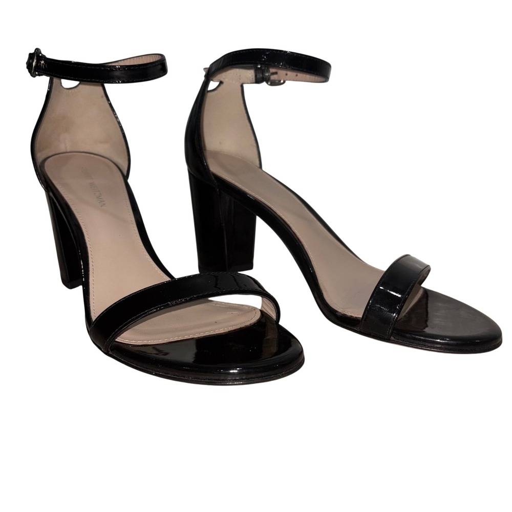 Stuart Weitzman Nearlynude Black Patent Leather Block Heel Sandal 6M W27653
